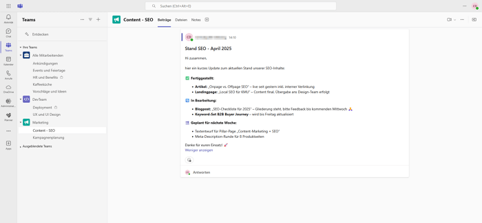 Microsoft Teams channel overview with chat and calendar functionality as project management software for educational institutions